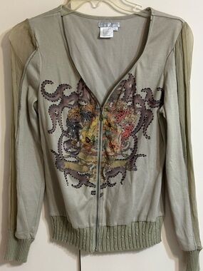 Alberto Makali Olive Green Embellished Zip Cardigan Sheer Sleeves